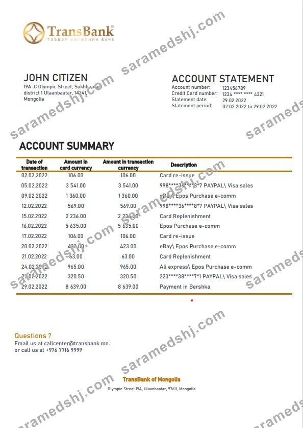 Mongolia Transbank bank statement template in Word and PDF format